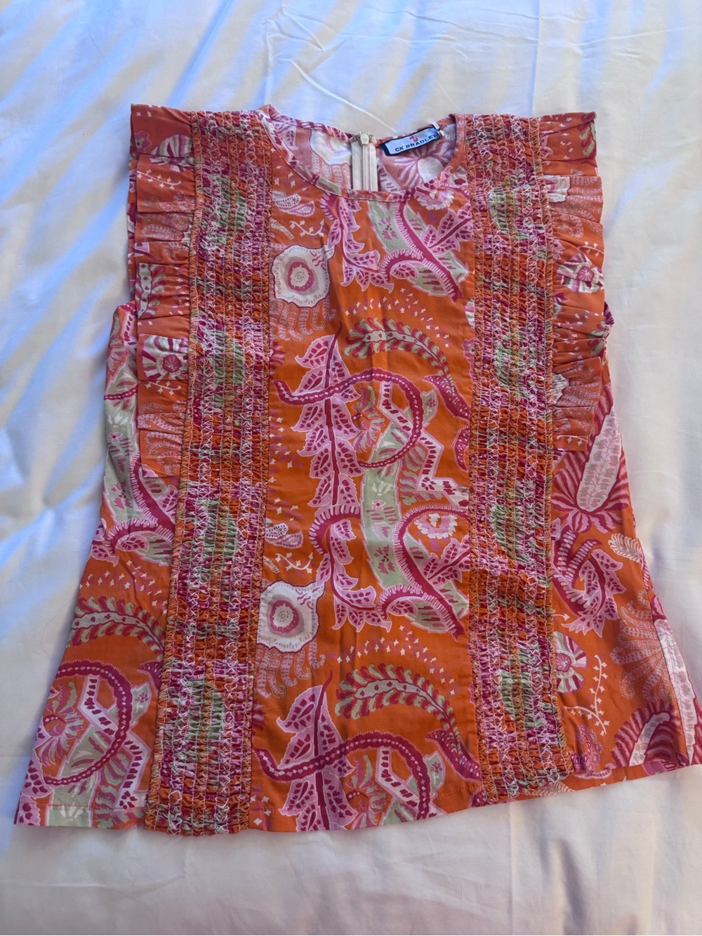 CK Bradley Orange Pink Paisley Smocked Sleeveless Top L